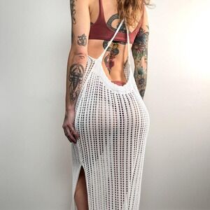 White Crochet Knit Maxi Dress | Boho Resortwear Cover-Up | Size Small